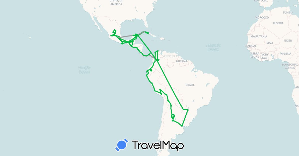 TravelMap itinerary: driving, bus, plane in Argentina, Bolivia, Colombia, Costa Rica, Cuba, Ecuador, Guatemala, Honduras, Mexico, Nicaragua, Panama, Peru, Paraguay, El Salvador (North America, South America)